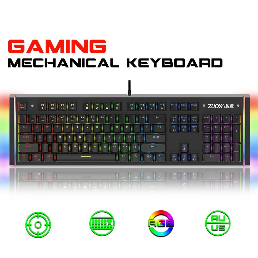 Mechanical Gaming Keyboard 104 Keys RGB Backlit Metal Surface Plate Anti-Ghosting