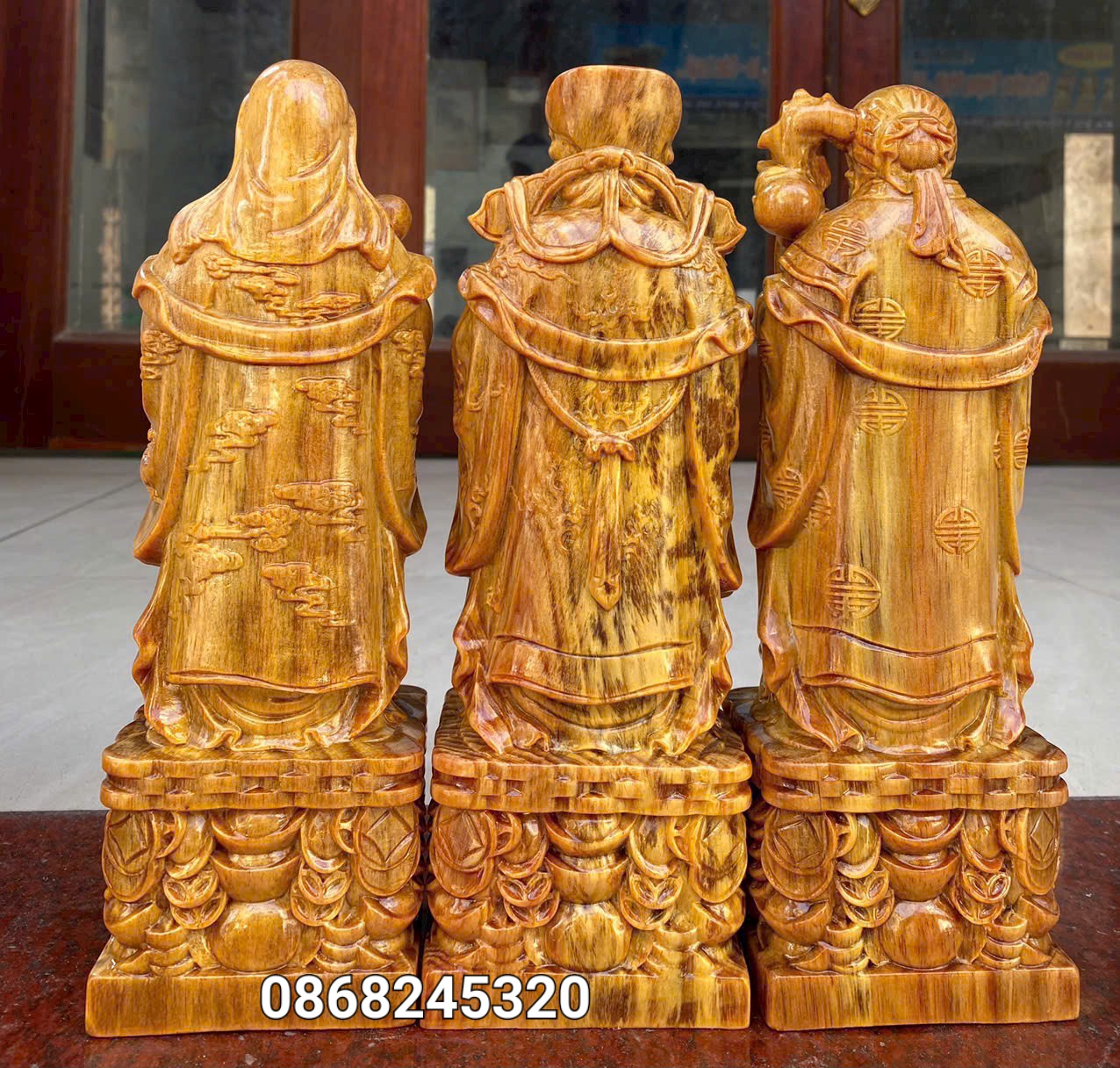 Bộ tượng phật tam đa phúc lộc bằng gỗ huyết long mọng đầu kt 30×11×9cm