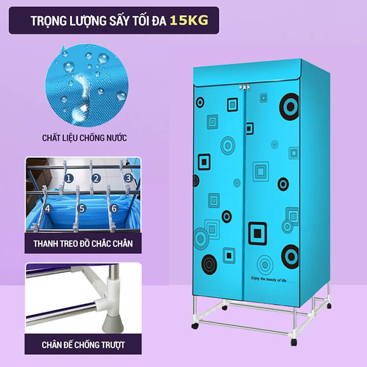 Tủ sấy quần áo 2 tầng công suất 1300W có điều khiển từ xa, máy sấy quần áo khô nhanh diệt khuẩn chống ẩm mốc