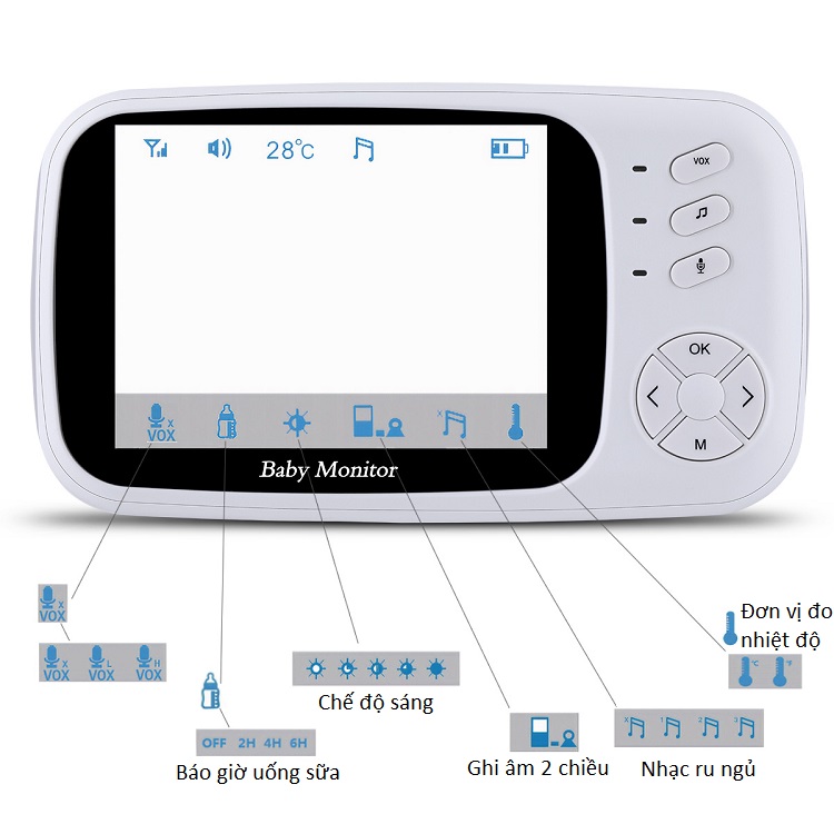 Máy báo khóc em bé màn hình 3.5inch cảm biến hồng ngoại cao cấp ( Ghi âm 2 chiều, phát  hạc, đo nhiệt độ)