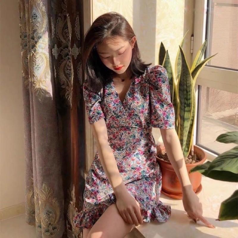 Váy đầm hoa họa tiết sang chảnh bộ đuôi cá tím - váy hoa dáng xòe tôn dáng