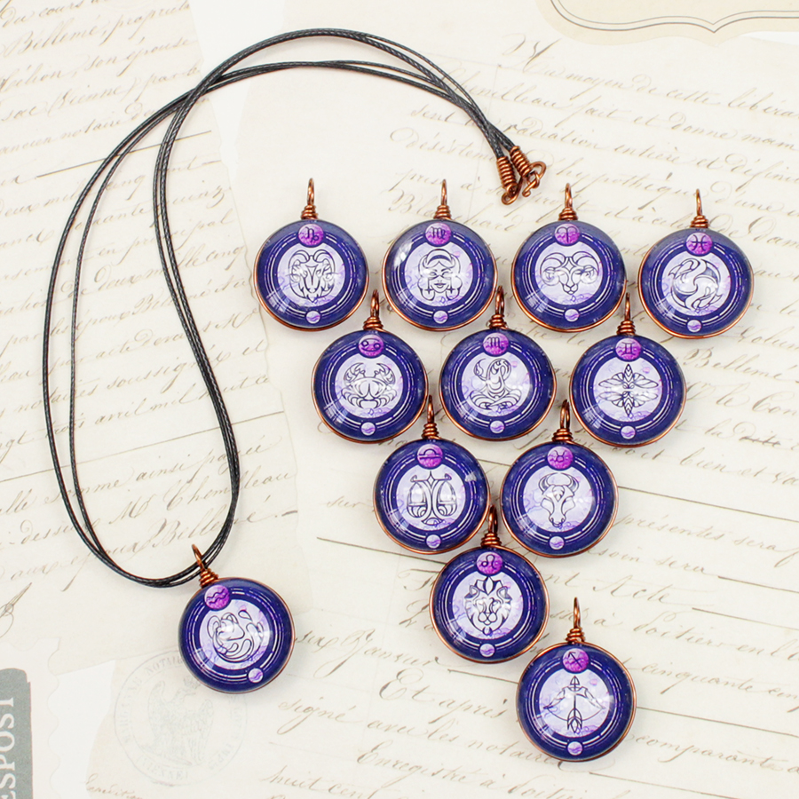 Dây chuyền 12 cung hoàng đạo Zodiac tông tím phong cách vintage đẹp 06647-DC20M0016