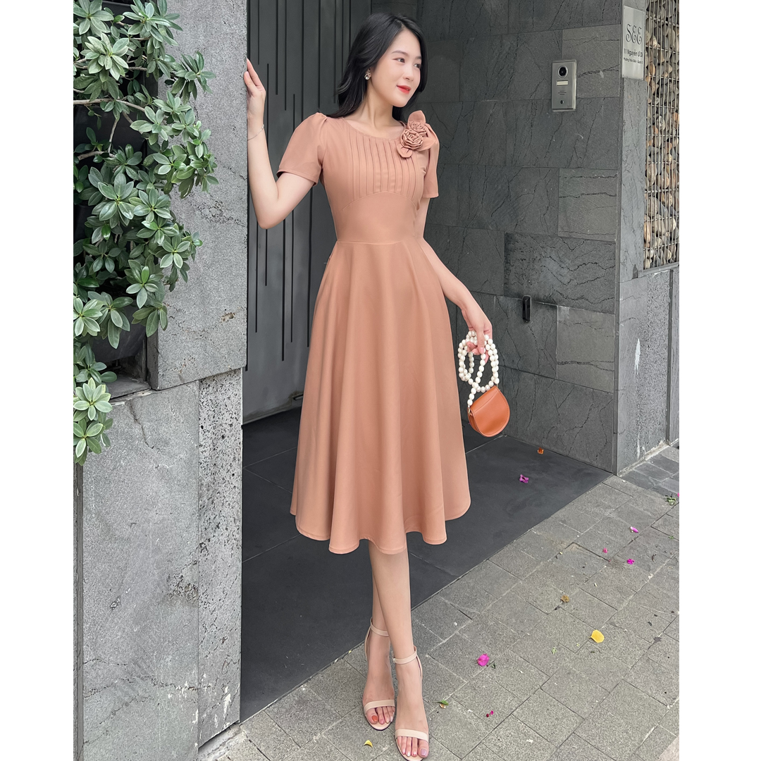 {HCM} Đầm xòe xếp li ngực kết hoa vải D075 -Lady Fashion - Khánh Linh Style