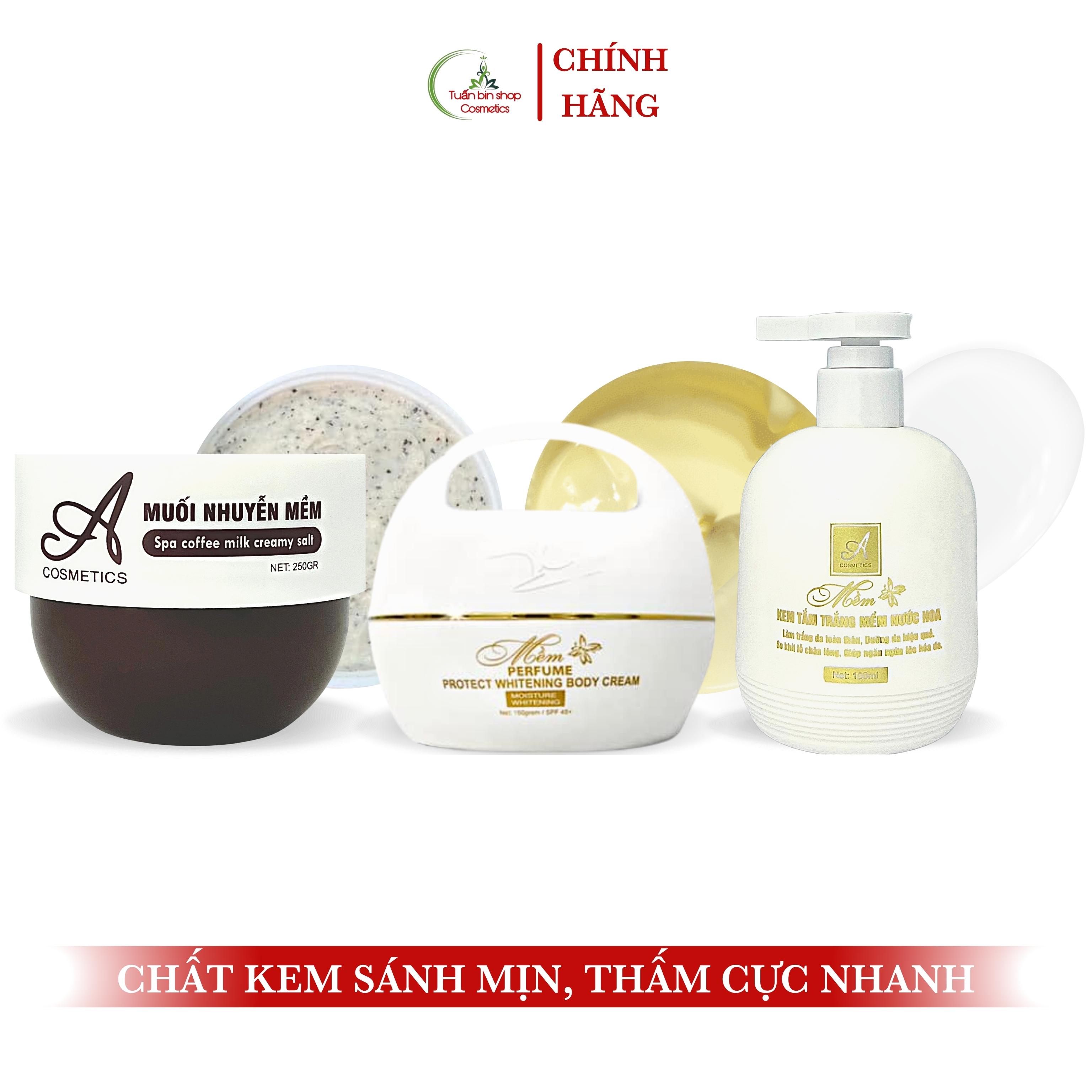 Combo kem trắng da body hoàn hảo Acosmetics, Kem body mềm, kem tắm trắng toàn thân, muối tẩy tế bào chết 500g