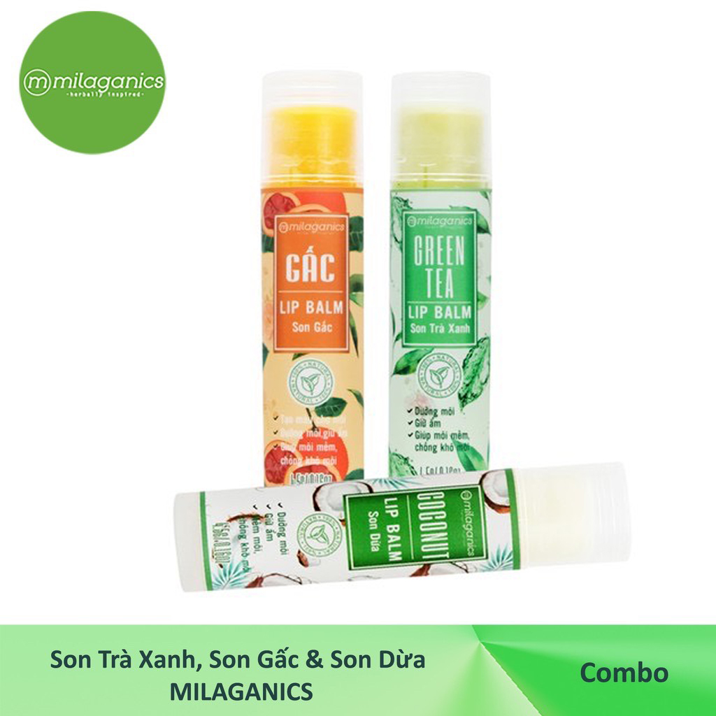 Combo Son Trà Xanh + Son Gấc + Son Dừa Dưỡng Môi, Giảm Thâm, Hồng Môi Milaganics (4.5g / Cây)