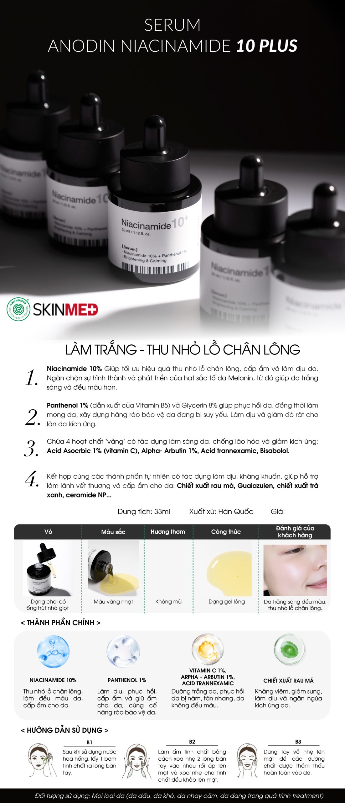 Serum làm trắng và thu nhỏ lỗ chân lông Anodin Niacinamide 10 Plus - Hàn Quốc Chính Hãng