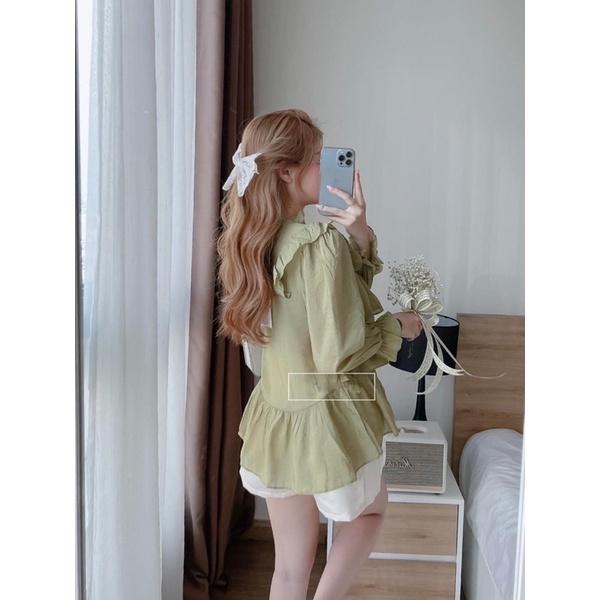 Set áo babydoll đỏ tầng cổ viền bèo kèm quần short kem lưng thun