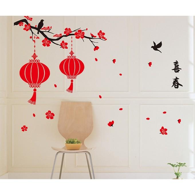 Decal trang trí tết - Cành Mai 2 lồng đèn đỏ size lớn