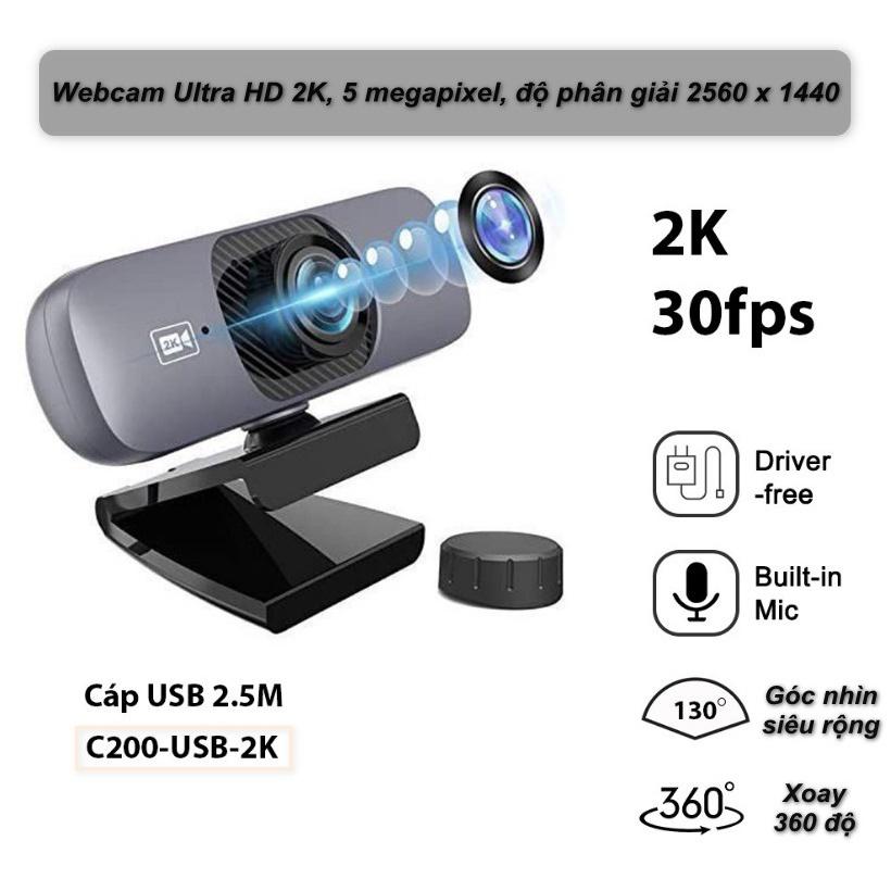 Camera Webcam UHD 2K Kèm Micro, Xoay 360 Độ, Góc nhìn siêu rộng 130°, Phù Hợp Hội Nghị