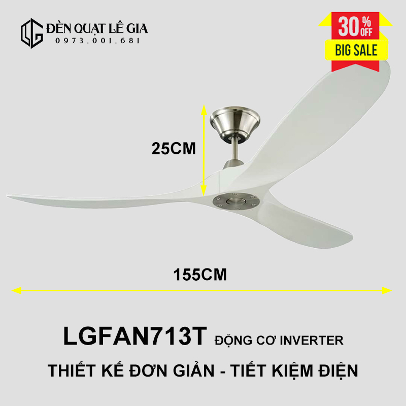 Quạt Trần Hiện Đại Gió Mạnh Lê Gia LGFAN713T - Chiều Cao 25cm - Sải Cánh 155cm - Bảo Hành 5 Năm