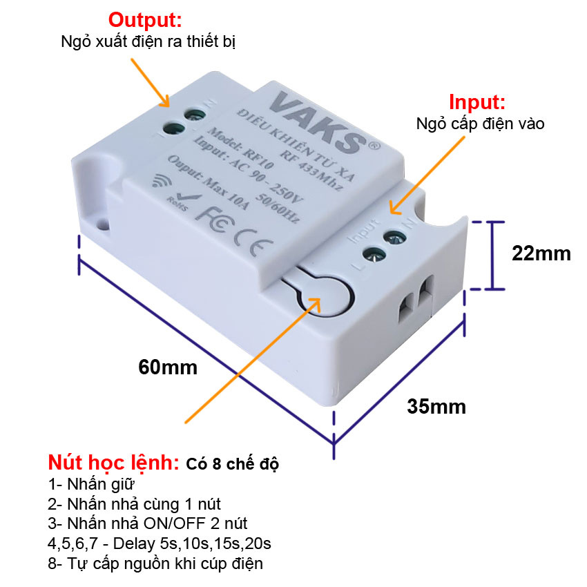 Combo công tắc điều khiển từ xa gồm 01 hộp nhận RF10 và 02 nút nhấn không dây RM-C: Dùng cho đèn cầu thang, nhà xe