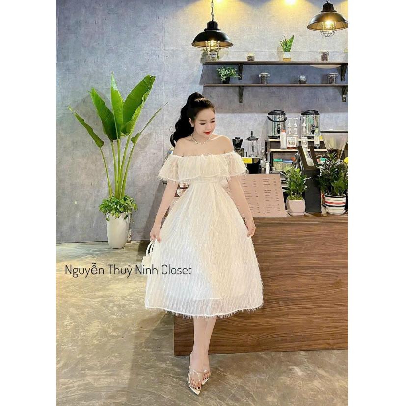 Đầm xoè lông vũ dự tiệc trễ vai bèo ngực cao cấp
