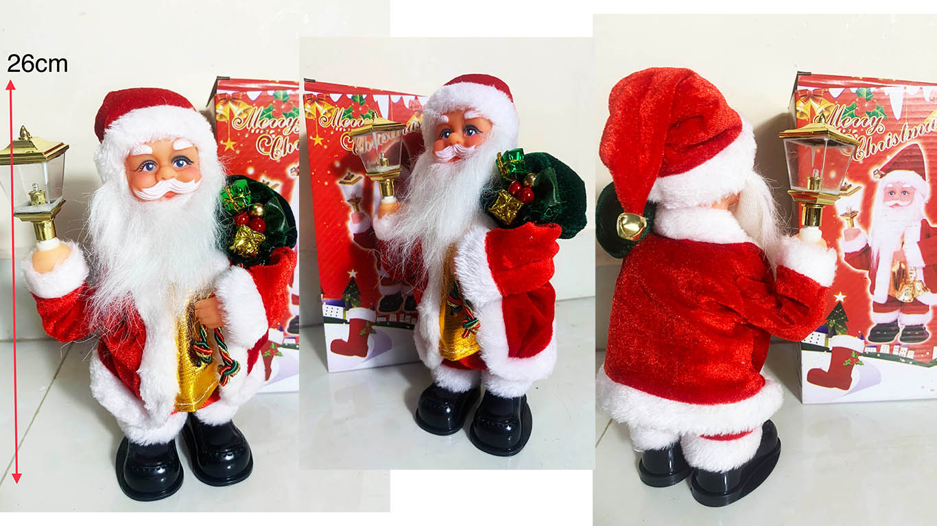 Hôp noel đeo giỏ quà cầm đèn, khẩu trang nhảy múa có đèn nhạc giáng sinh vui nhộn