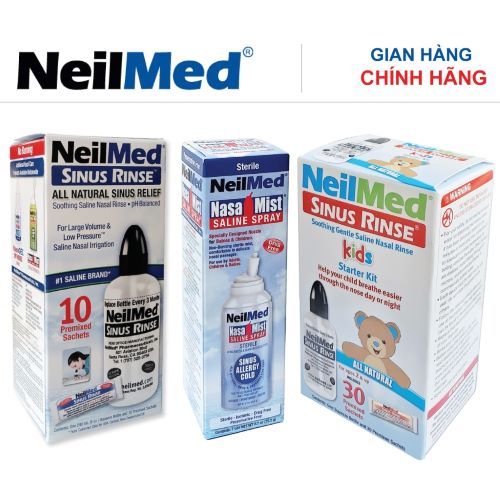 Combo Small FamilyCare: Bình Xịt Rửa Mũi Xoang Cho Gia Đình NeilMed SinusRinse &amp; Moisturize - SX Mỹ (Bình 10 gói lớn; Bình 30 gói bé; 1 chai xịt phun sương)