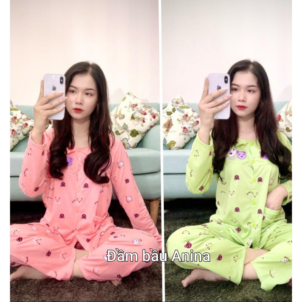 Bộ đồ bầu dài tay chất cotton họa tiết gấu xinh xắn mặc bầu và sau sinh BD914