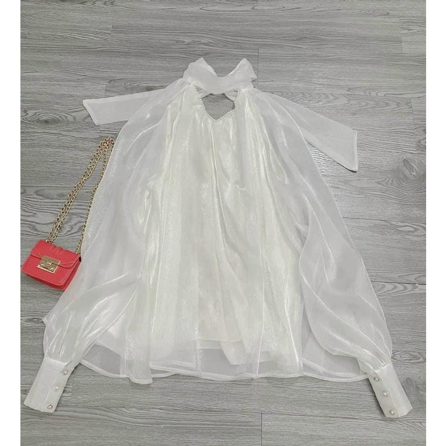 Áo sơ mi kiểu babydoll cổ V chocker đính ngọc thắt nơ lưng - DRA0027