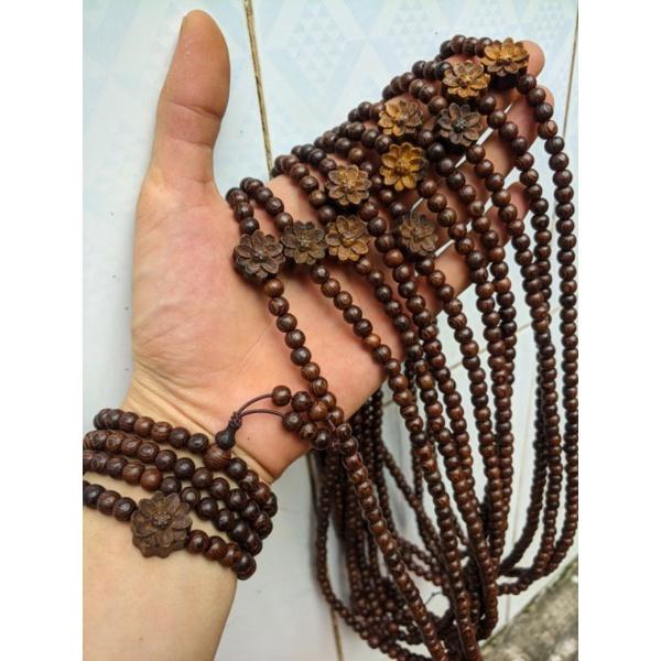 Vòng tay nữ 6 ly chuỗi tràng hạt 108 gỗ vân mun đuôi công mix charm hoa sen