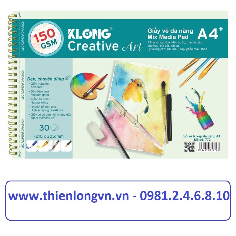 Sổ vẽ lò xo đa năng Creative Art A4 - 150 GSM - 30 tờ/tập; Klong 772 xanh ngọc