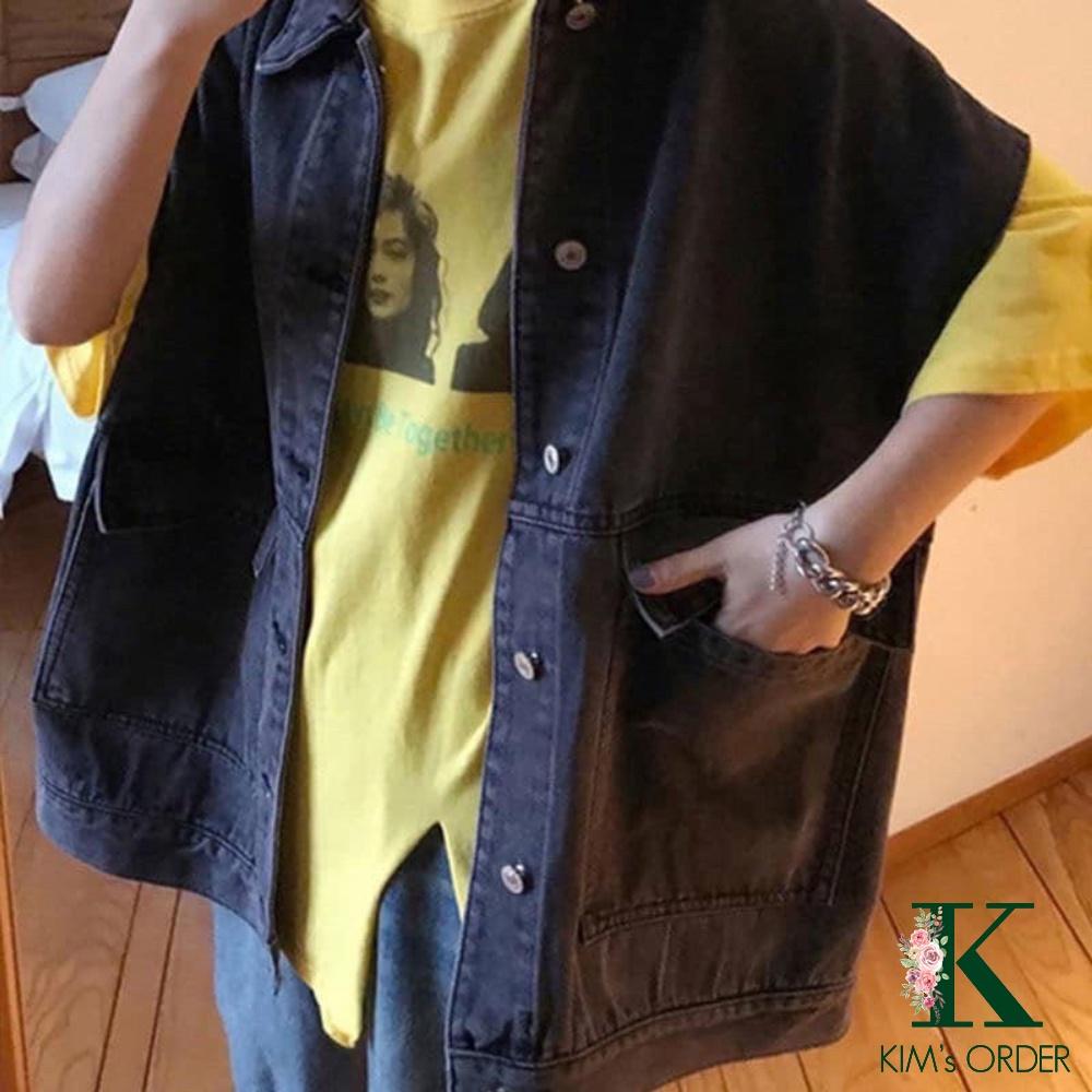 Áo khoác jean nam nữ form rộng Oversize sát nách phong cách Ulzzang hai màu xanh đen