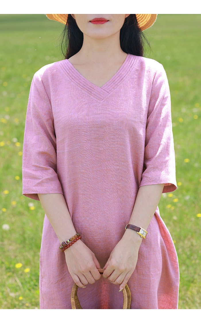 Đầm linen dáng suông, váy linen nữ cổ tim ngắn tay trơn basic, chất liệu linen mềm mát mặc hè Đũi Việt