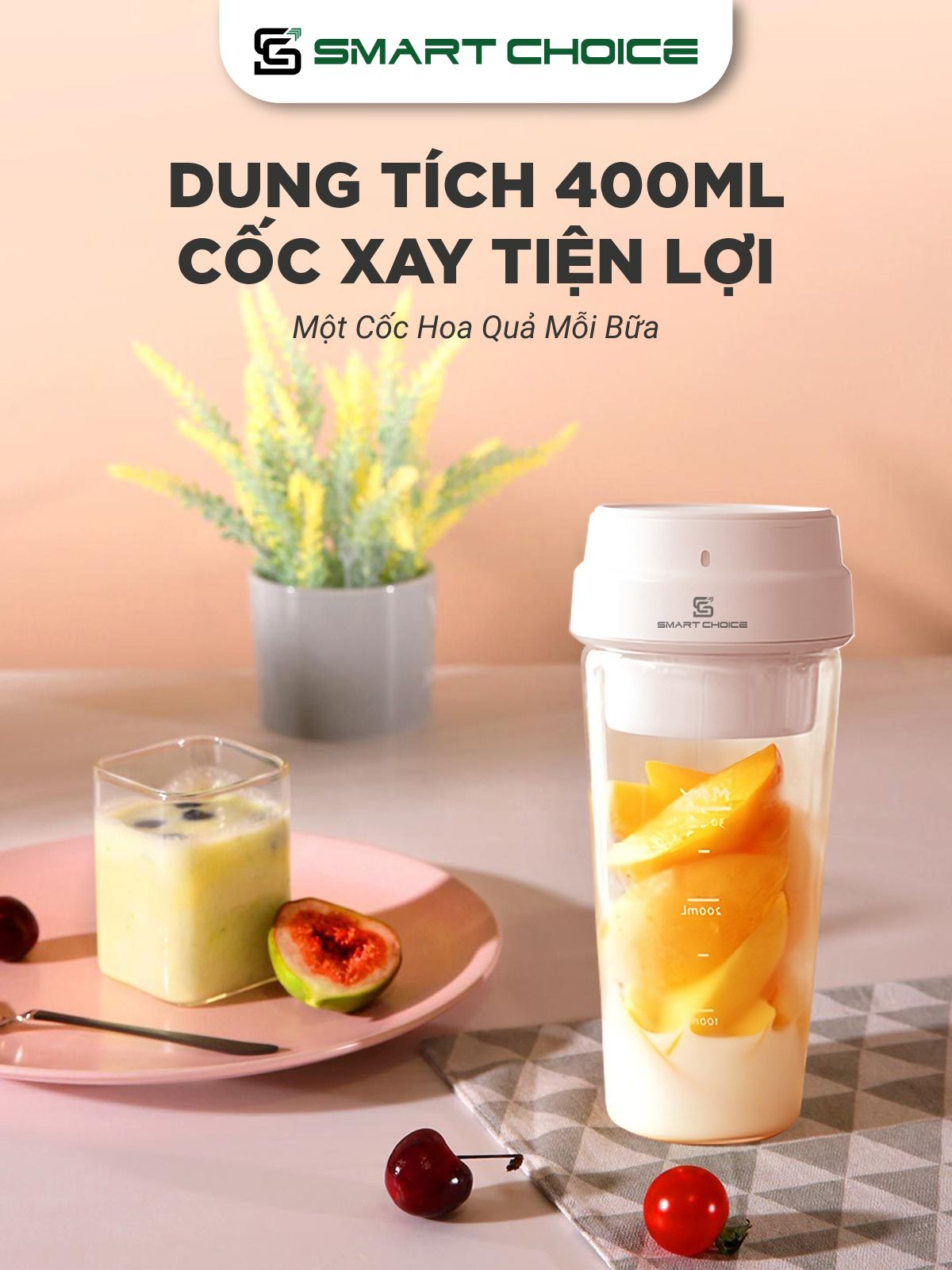 Máy Xay Sinh Tố Cầm Tay SmartChoice Hàng Chính Hãng SCG-ST001 Pin Sạc, May Xay Hoa Quả Mini 70W 400ml 3 Lưỡi