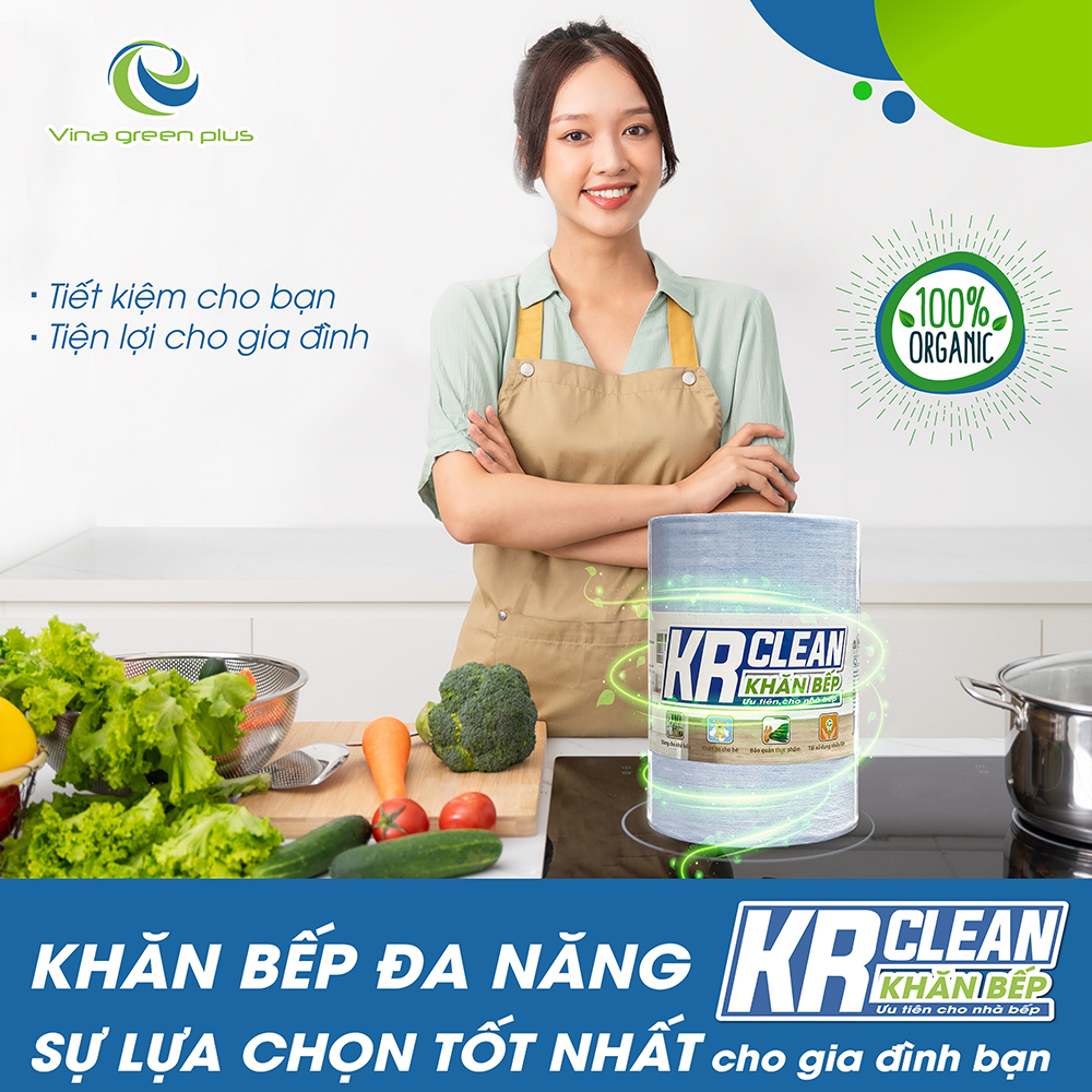 Khăn lau bếp KR Clean Xanh - Cuộn 200 tờ khổ 20x20 - Chất khăn dai mềm, không rã khi gặp nước