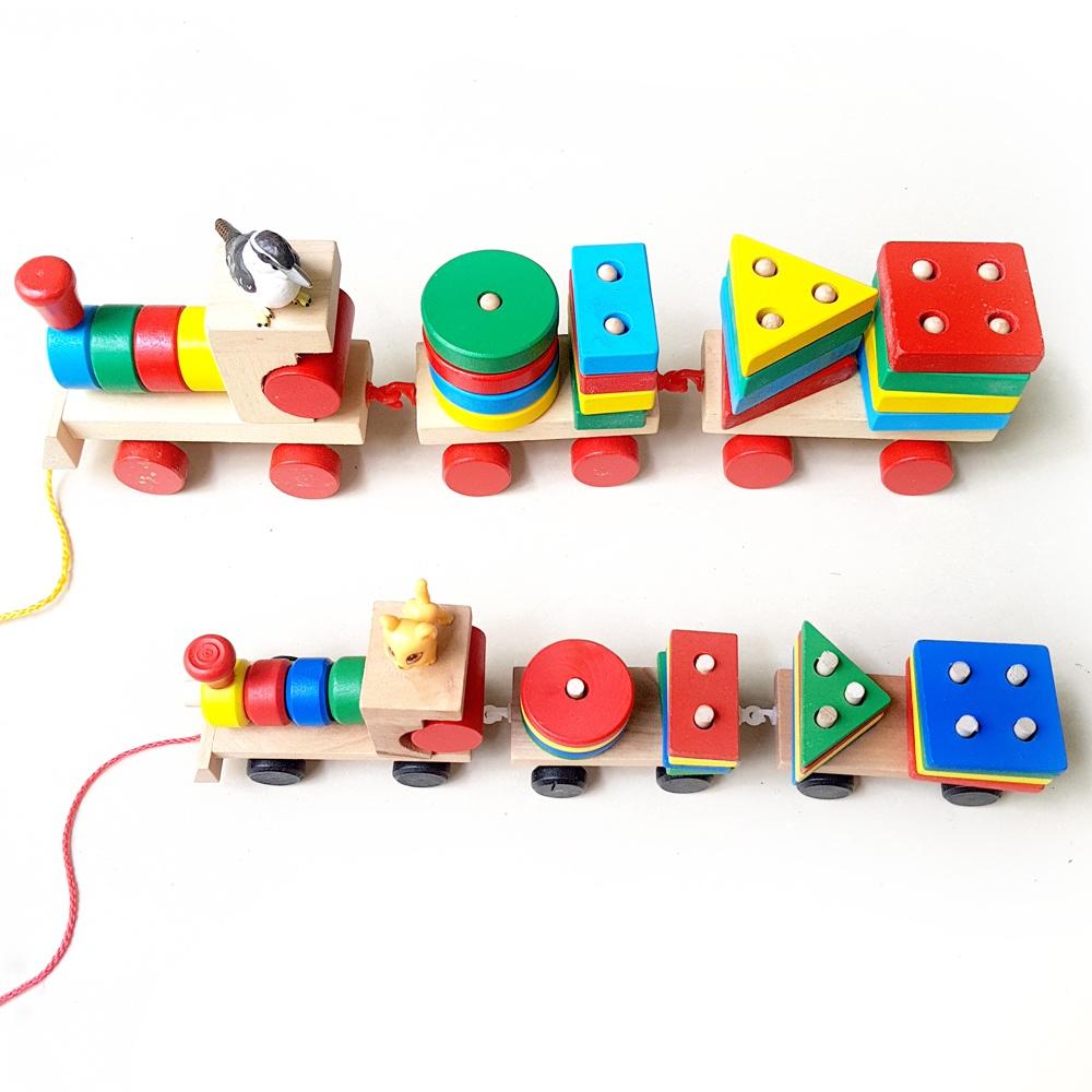 Đoàn tàu gỗ đồ chơi thả hình khối nhiều màu Shape Train- Đồ chơi cho bé 3 tuổi vận động và phát triển quan sát