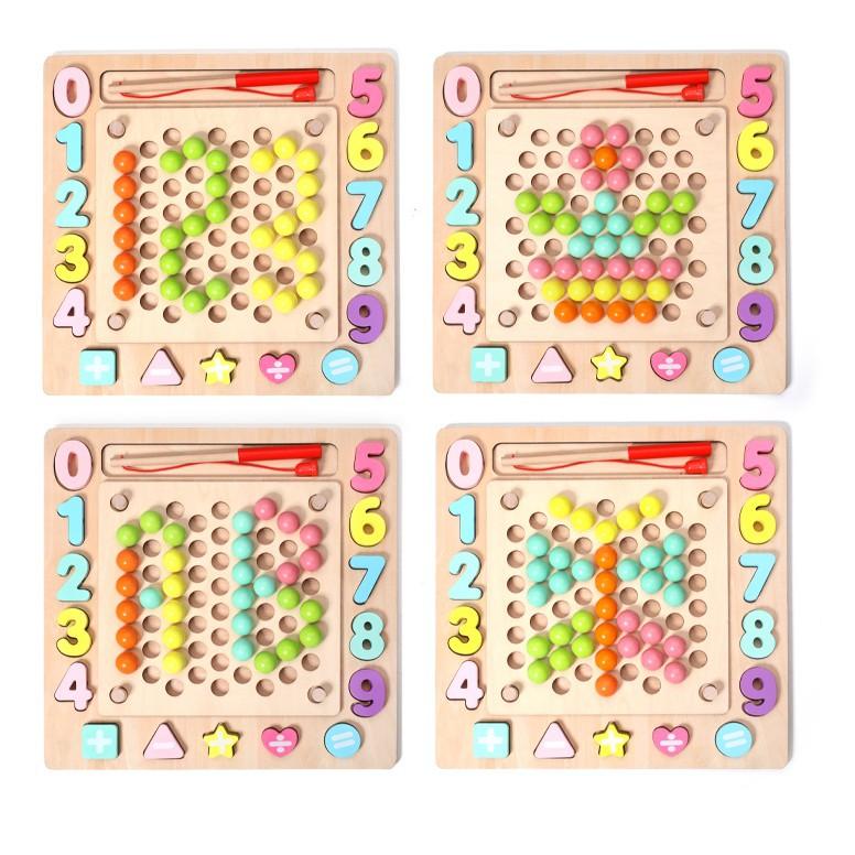 Bộ Giáo Cụ Montessori Đồ Chơi Gỗ Đa Tính Năng Kết Hợp Câu Cá Gắp Hạt Xếp Hình Khối, Lắp Số Kèm Xâu Dây