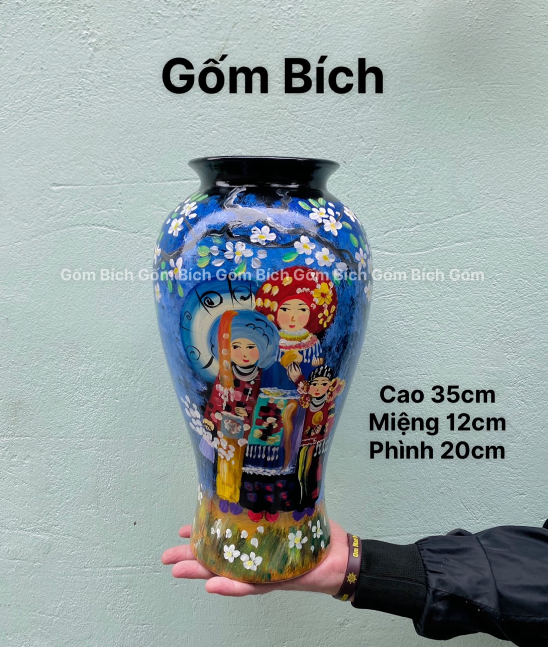 Bình Hoa Lọ Hoa Dáng Đùi Dế Vẽ Sơn 3D Gốm Sứ Bát Tràng