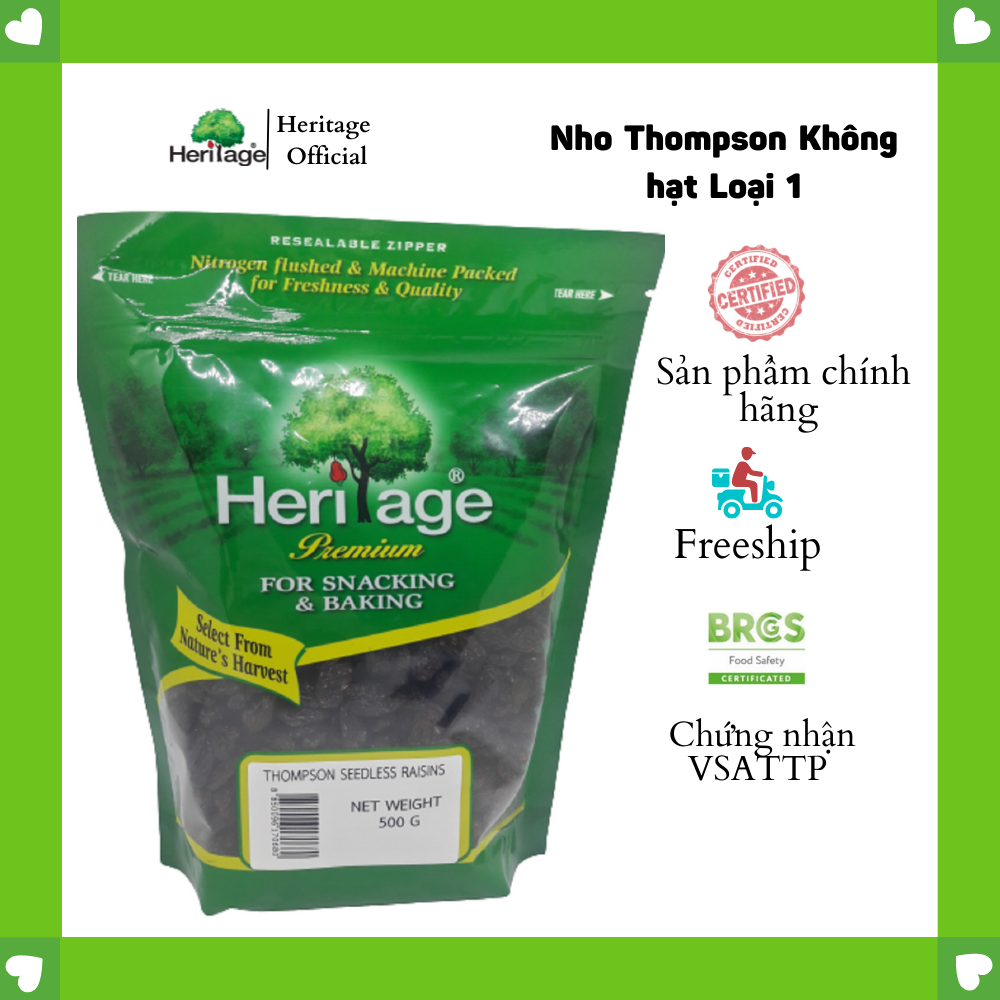 Nho Thomson khô không hạt loại 1,  size lớn Heritage chính hãng , hủ 300g,gói 500g, 1kg - THOMPSON SEEDLESS RAISINS