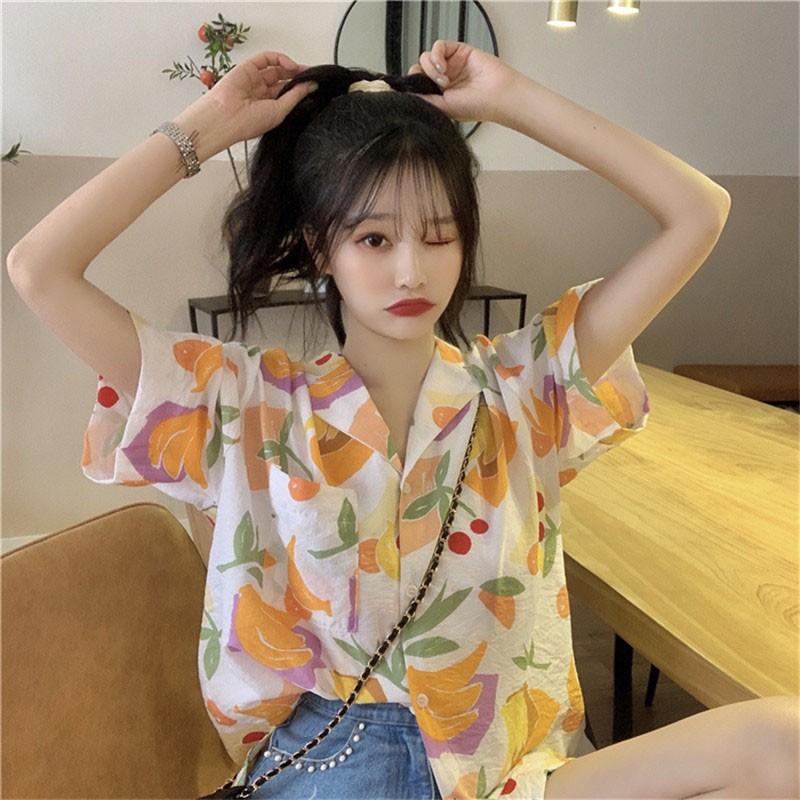 Áo Sơ Mi Chiffon Tay Ngắn In Họa Tiết Kiểu Hàn Quốc Thời Trang Mùa Hè Cho Nữ