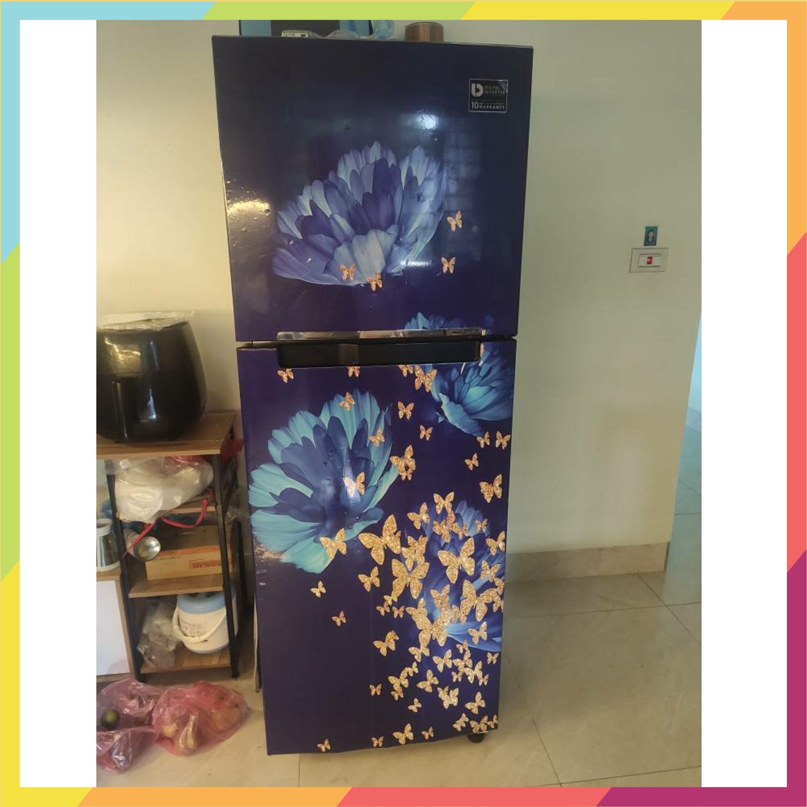 Decal dán tủ lạnh máy giặt chống nước in hình hoa ngài xanh, gồm 4 kích thước lựa chọn