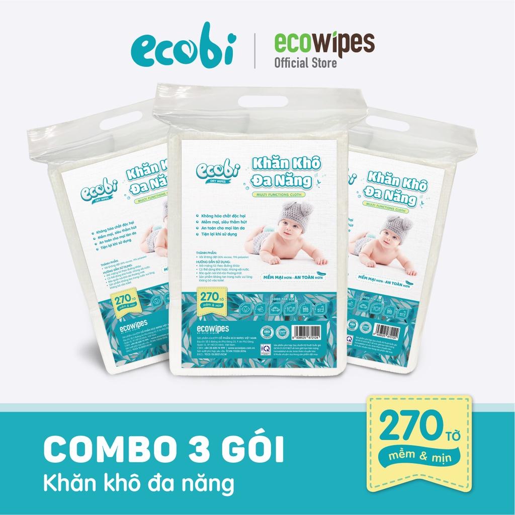 Combo 3 túi khăn khô đa năng cho bé Ecobi 270 tờ dùng thay khăn sữa an toàn cho trẻ sơ sinh