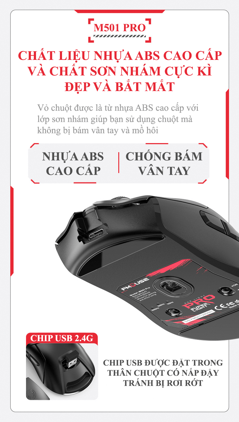 Chuột không dây FMOUSE M501 PRO kết nối bằng Bluetooth và chip USB 2.4G có đèn led tự động đổi màu với độ DPI lên đến 4000 - JL