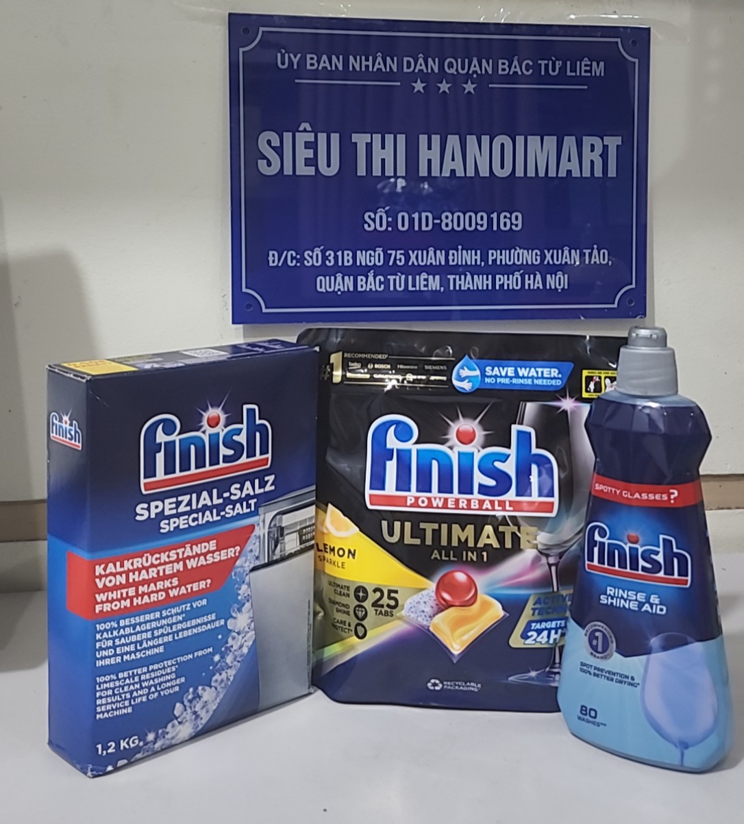 Combo Viên rửa bát Finish Quantum Ultimate 25 Viên + Nước làm bóng Finish 400ml + Muối làm mềm nước Finish 1.2kg