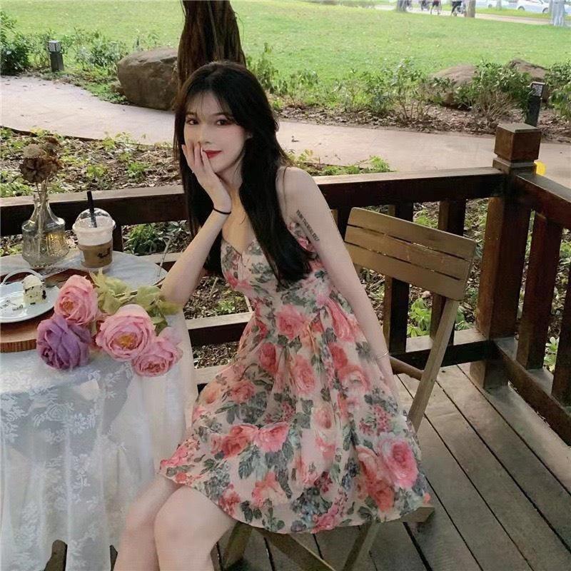 Váy nữ đầm vintage sang chảnh hai dây eo cao hoa hồng mùa hè siêu xinh Pasana0002v