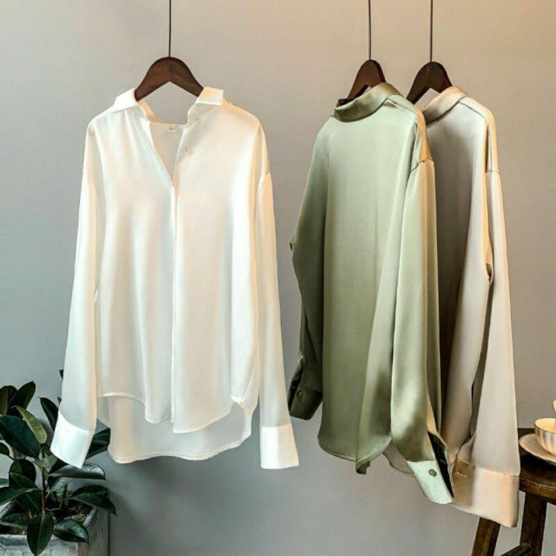 Áo sơ mi dài tay xẻ tà sau siêu cá tính chất kate lụa mềm mát