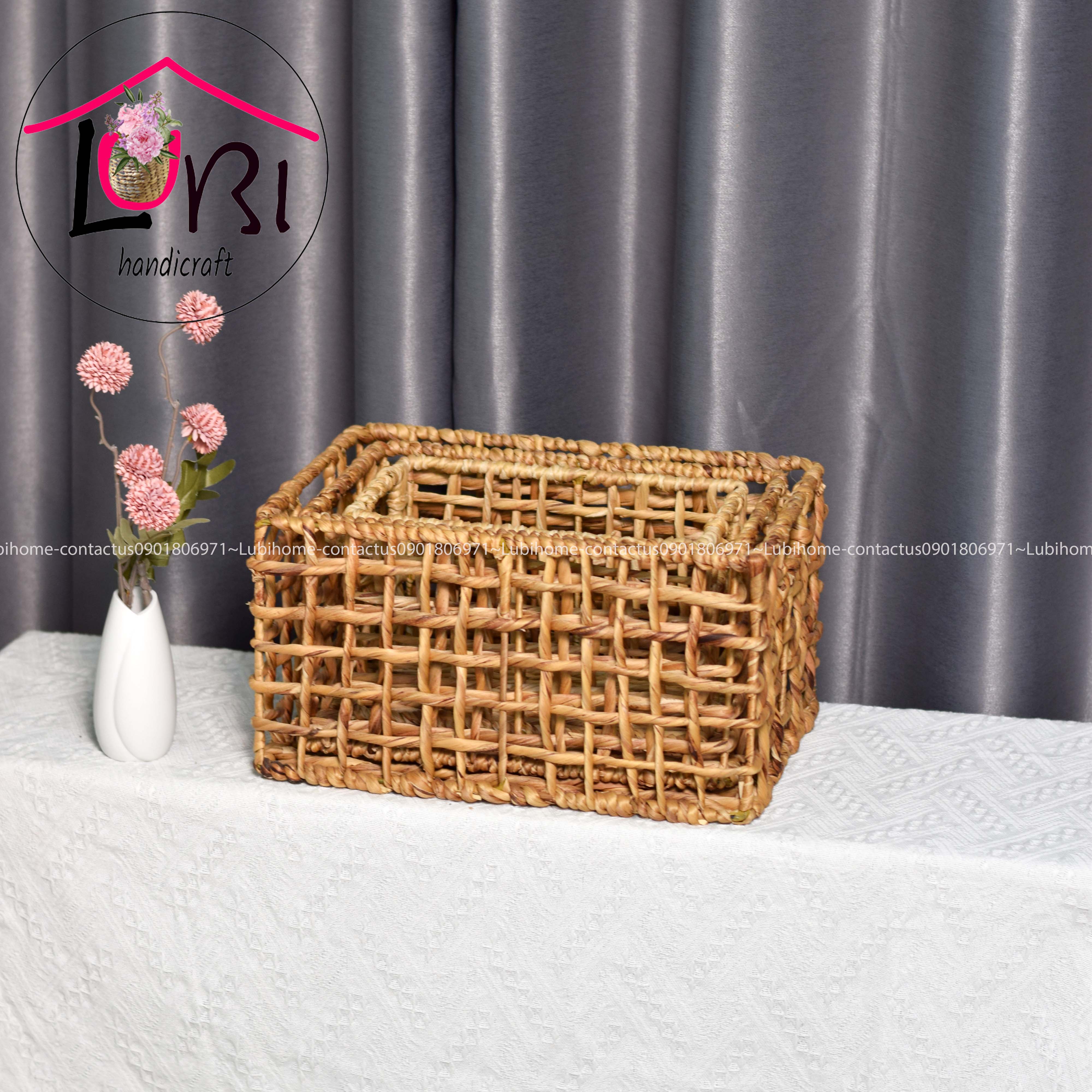 Lubihandicraft - Khay đựng đồ lục bình chữ nhật đan karo - xinh xắn