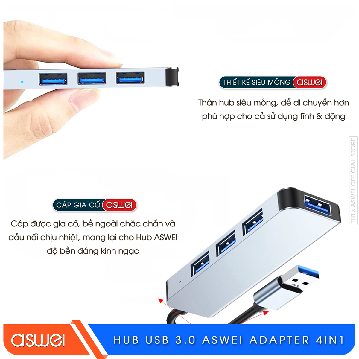 Hub Chuyển Đổi USB Type C ASWEI 4 in 1 - 4 Cổng USB 3.0 Tốc Độ Cao - Hàng Chính Hãng