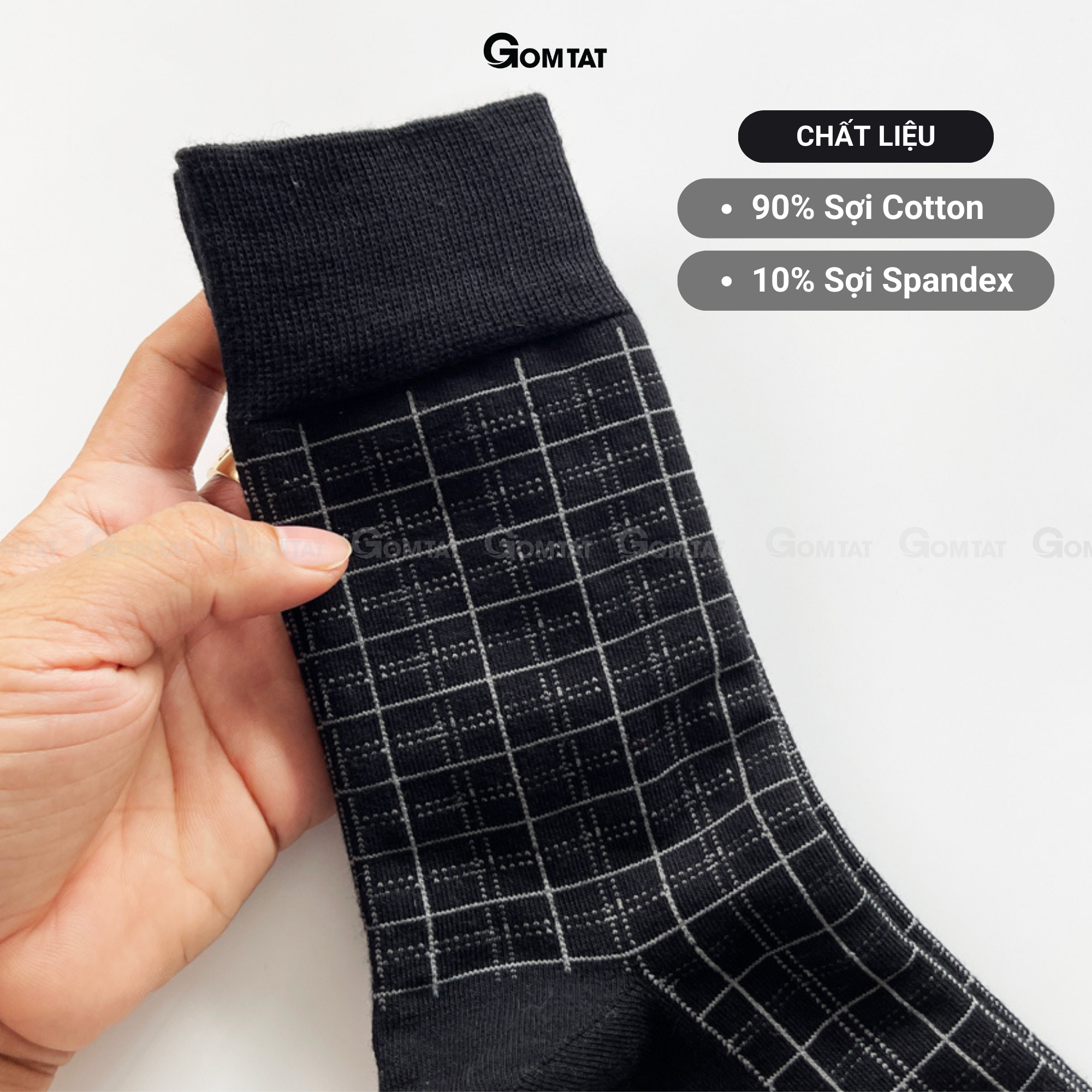 Tất Nam Công Sở Cổ Cao GOMTAT Màu Đen Caro Trắng Chất Liệu Cotton Cao Cấp Êm Mềm Đi Thoáng - GOM-TAY11-DENCAROTRANG