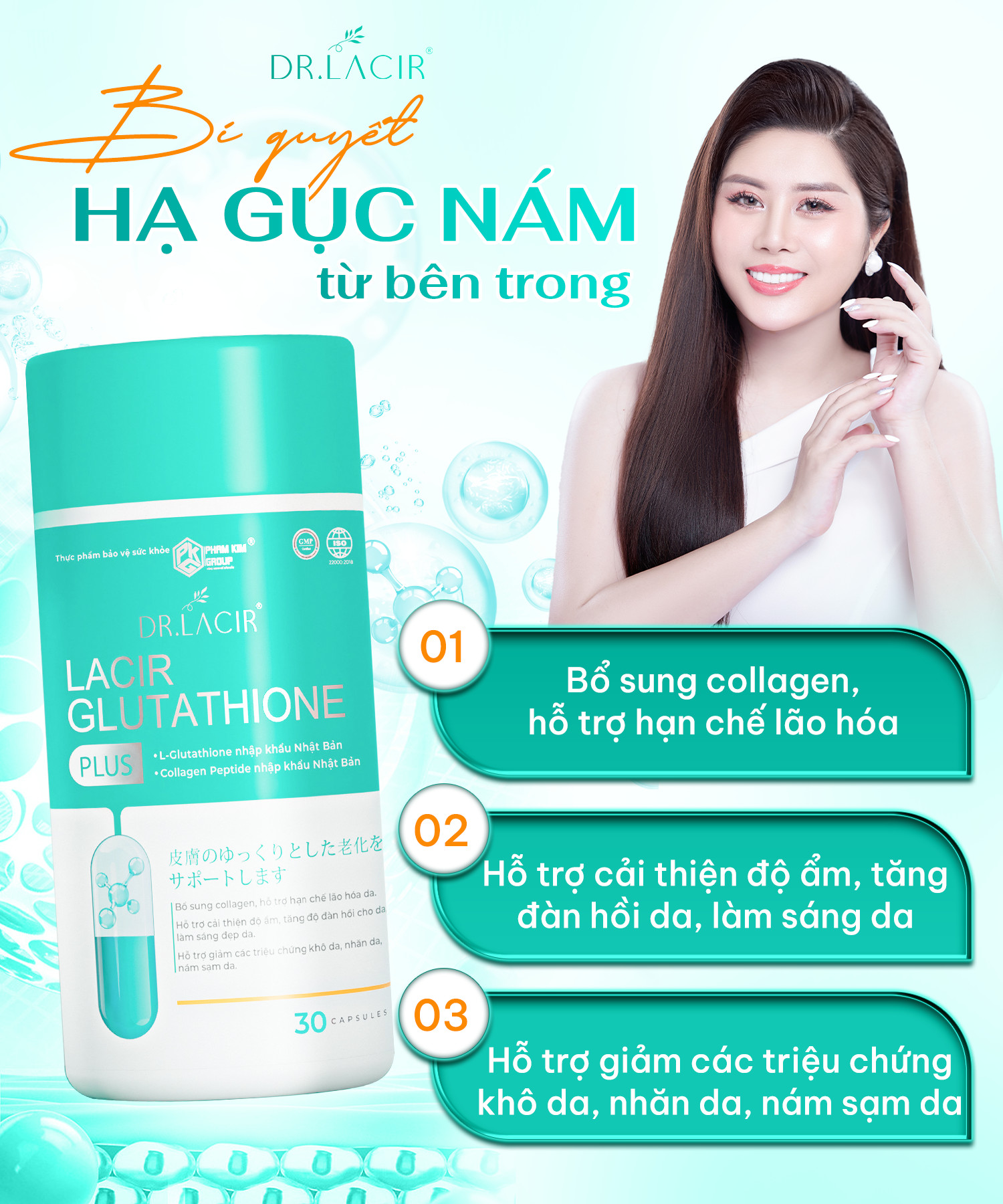 Viên uống Nám Lacir Glutathione Plus Dr.lacir, Trắng Da Mờ Nám (Chính Hãng Dr Lacir)