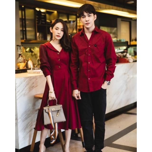Váy áo đôi sơ mi nam nữ màu đỏ cao cấp, đồ đôi phù hợp chụp hình cưới dự tiệc sang trọng