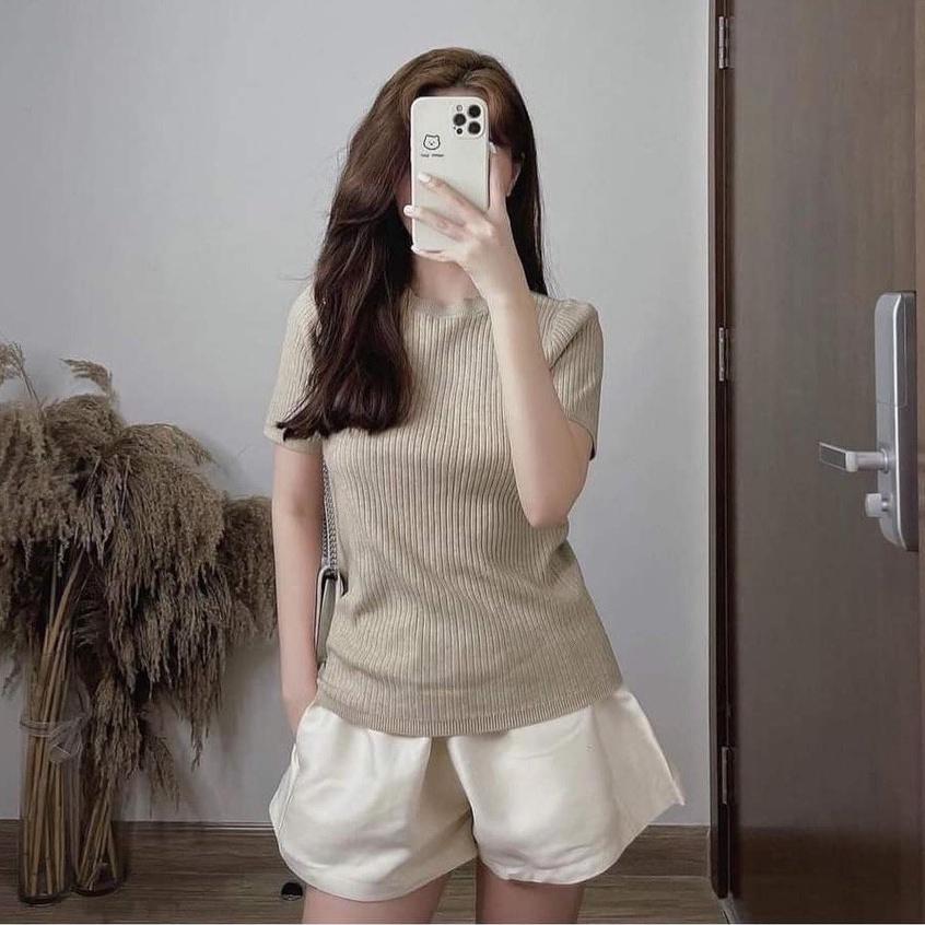 Áo Len Tăm Đũa Cộc Tay Nữ Dáng Ôm Kiểu Cổ Tròn Basic Dễ Mặc Phối Đồ Hàng Đẹp Quảng Châu Cao Cấp Trẻ Trung