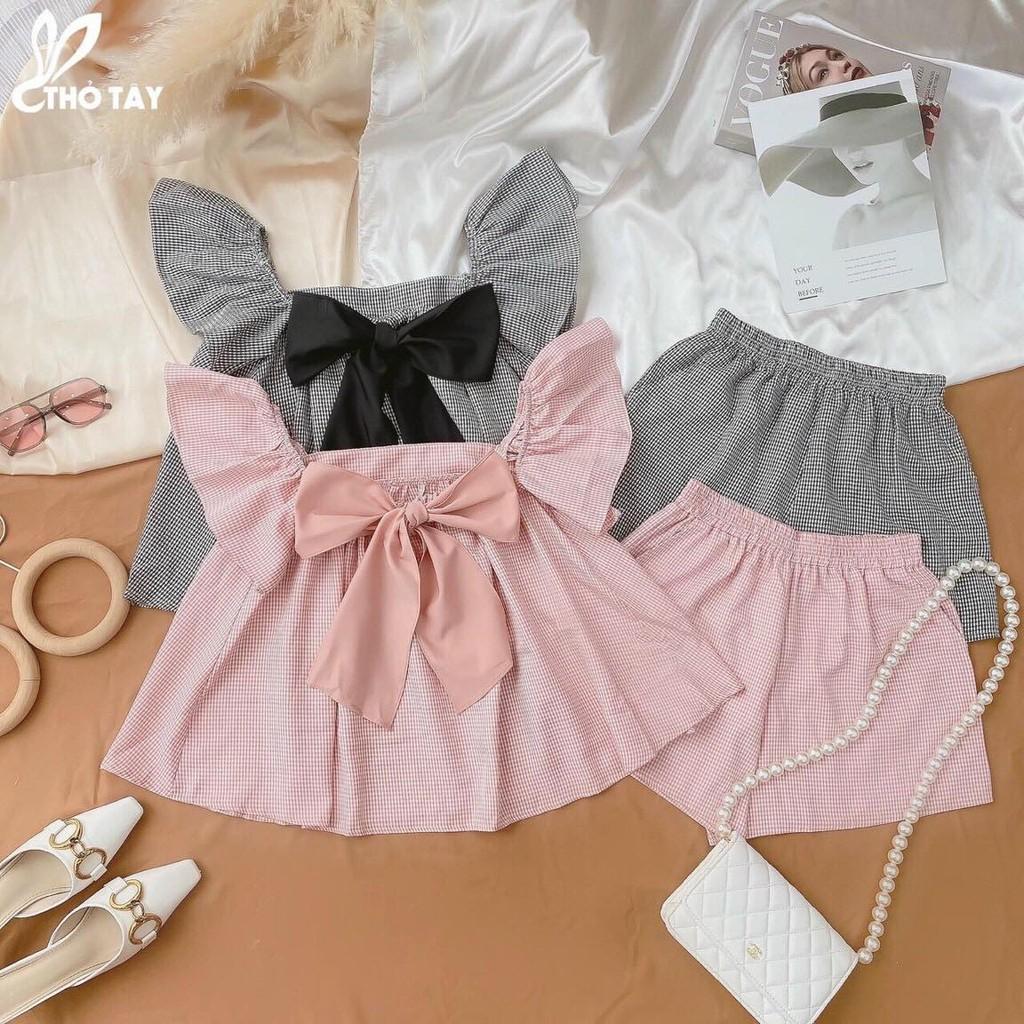 SET BỘ ĐỒ CARO MẶC 2 KIỂU KÈM NƠ THỜI TRANG