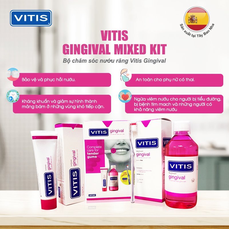 Bộ chăm sóc răng miệng dành cho nướu nhạy cảm Vitis Gingival Mixed Pack (Nước súc miệng 500ml, kem đánh răng 100ml và bàn chảil, dùng được cho phụ nữ mang thai, cho con bú)