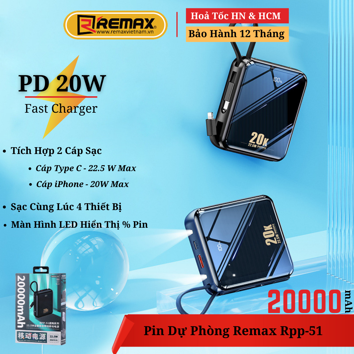 Pin Sạc Dự Phòng 20000mah chính hãng Remax SRPP-51- sạc nhanh 20w và tích hợp dây sạc - Hàng Chính Hãng Remax