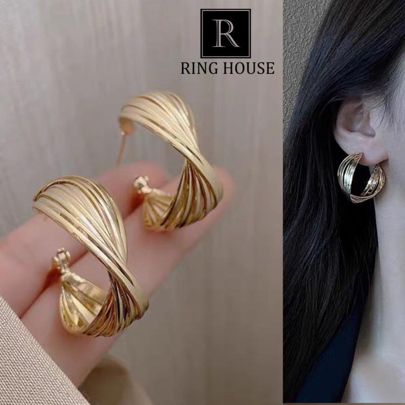 (Chuôi bạc 925) Khuyên tai bông tai nữ xoắn vàng đẹp dự tiệc Ring House