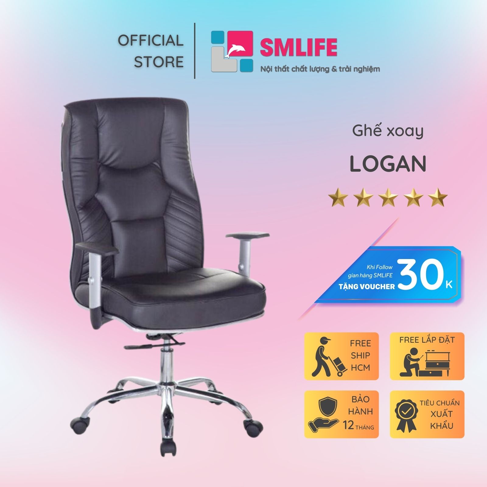 Ghế xoay văn phòng lưng cao bọc da SMLIFE Logan