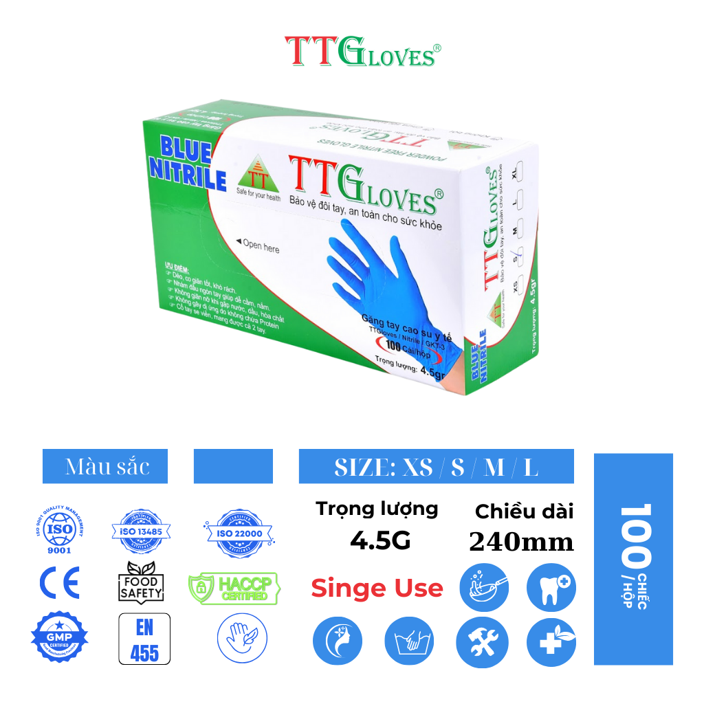 Găng Tay Y Tế, Găng Tay Cao Su Y Tế Không Bột Nitrile TTGLOVES cao cấp Màu Xanh 4.5g 100 Chiếc (SIZE M)