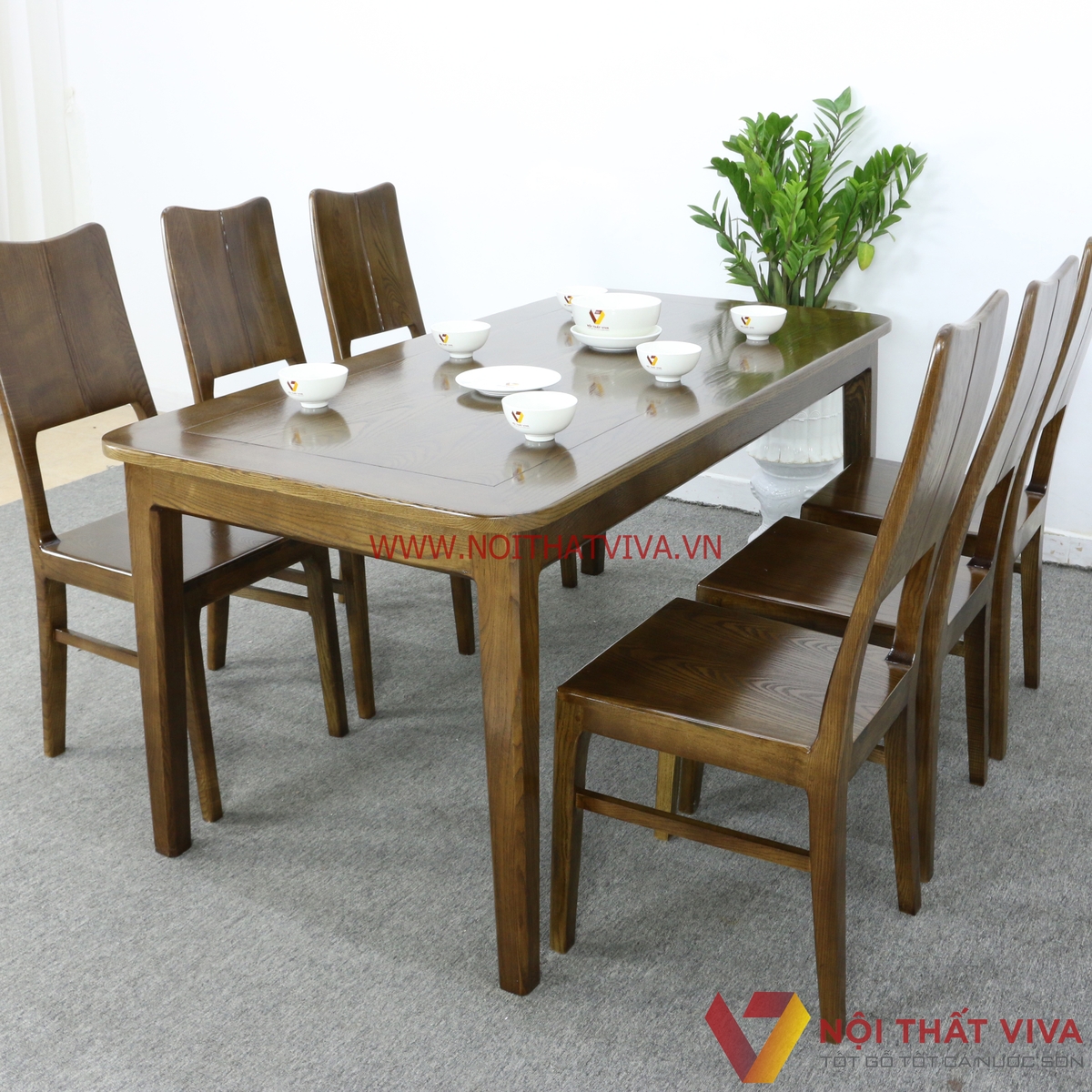 Bộ Bàn Ăn Gỗ Sồi Nga 6 Ghế Màu Óc Chó Hiện Đại Đẹp Rẻ